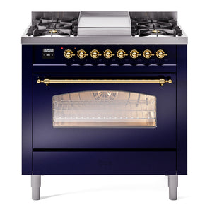 ILVE Nostalgie II 36-Inch Dual Fuel Range with 6 Sealed Burners + Griddle, 3.5 cu. ft. Oven, Midnight Blue with Brass Trim, Natural Gas, Triple Glass Door, UP36FNMPMBG