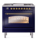 ILVE Nostalgie II 36-Inch Dual Fuel Range with 6 Sealed Burners + Griddle, 3.5 cu. ft. Oven, Midnight Blue with Brass Trim, Natural Gas, Triple Glass Door, UP36FNMPMBG