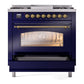 ILVE Nostalgie II 36-Inch Dual Fuel Range with 6 Sealed Burners + Griddle, 3.5 cu. ft. Oven, Midnight Blue with Brass Trim, Natural Gas, Triple Glass Door, UP36FNMPMBG