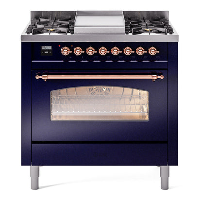 ILVE Nostalgie II 36-Inch Dual Fuel Range with 6 Sealed Burners + Griddle, 3.5 cu. ft. Oven, Midnight Blue with Copper Trim, Liquid Propane, Triple Glass Door, UP36FNMPMBPLP