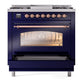 ILVE Nostalgie II 36-Inch Dual Fuel Range with 6 Sealed Burners + Griddle, 3.5 cu. ft. Oven, Midnight Blue with Copper Trim, Liquid Propane, Triple Glass Door, UP36FNMPMBPLP