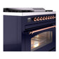 ILVE Nostalgie II 36-Inch Dual Fuel Range with 6 Sealed Burners + Griddle, 3.5 cu. ft. Oven, Midnight Blue with Copper Trim, Liquid Propane, Triple Glass Door, UP36FNMPMBPLP