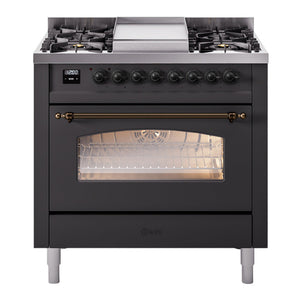 ILVE Nostalgie II 36-Inch Dual Fuel Range with 6 Sealed Burners + Griddle, 3.5 cu. ft. Oven, Graphite Matte with Burnished Trim, Liquid Propane, Triple Glass Door, UP36FNMPMGBLP
