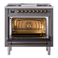 ILVE Nostalgie II 36-Inch Dual Fuel Range with 6 Sealed Burners + Griddle, 3.5 cu. ft. Oven, Graphite Matte with Burnished Trim, Liquid Propane, Triple Glass Door, UP36FNMPMGBLP