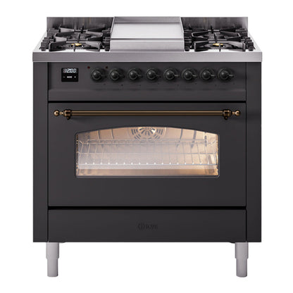 ILVE Nostalgie II 36-Inch Dual Fuel Range with 6 Sealed Burners + Griddle, 3.5 cu. ft. Oven, Graphite Matte with Burnished Trim, Natural Gas, Triple Glass Door, UP36FNMPMGB