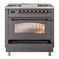 ILVE Nostalgie II 36-Inch Dual Fuel Range with 6 Sealed Burners + Griddle, 3.5 cu. ft. Oven, Graphite Matte with Burnished Trim, Natural Gas, Triple Glass Door, UP36FNMPMGB