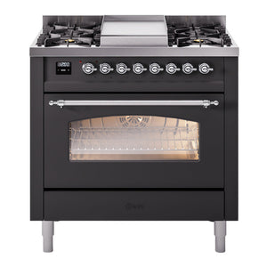ILVE Nostalgie II 36-Inch Dual Fuel Range with 6 Sealed Burners + Griddle, 3.5 cu. ft. Oven, Graphite Matte with Chrome Trim, Liquid Propane, Triple Glass Door, UP36FNMPMGCLP