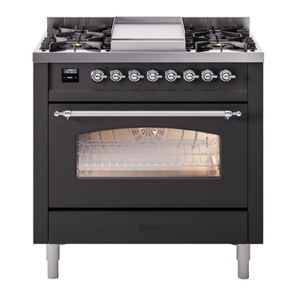 ILVE Nostalgie II 36-Inch Dual Fuel Range with 6 Sealed Burners + Griddle, 3.5 cu. ft. Oven, Graphite Matte with Chrome Trim, Natural Gas, Triple Glass Door, UP36FNMPMGC