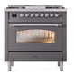 ILVE Nostalgie II 36-Inch Dual Fuel Range with 6 Sealed Burners + Griddle, 3.5 cu. ft. Oven, Graphite Matte with Chrome Trim, Natural Gas, Triple Glass Door, UP36FNMPMGC