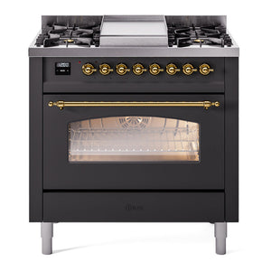 ILVE Nostalgie II 36-Inch Dual Fuel Range with 6 Sealed Burners + Griddle, 3.5 cu. ft. Oven, Graphite Matte with Brass Trim, Liquid Propane, Triple Glass Door, UP36FNMPMGGLP