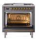 ILVE Nostalgie II 36-Inch Dual Fuel Range with 6 Sealed Burners + Griddle, 3.5 cu. ft. Oven, Graphite Matte with Brass Trim, Liquid Propane, Triple Glass Door, UP36FNMPMGGLP