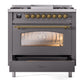 ILVE Nostalgie II 36-Inch Dual Fuel Range with 6 Sealed Burners + Griddle, 3.5 cu. ft. Oven, Graphite Matte with Brass Trim, Liquid Propane, Triple Glass Door, UP36FNMPMGGLP