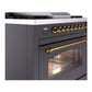 ILVE Nostalgie II 36-Inch Dual Fuel Range with 6 Sealed Burners + Griddle, 3.5 cu. ft. Oven, Graphite Matte with Brass Trim, Liquid Propane, Triple Glass Door, UP36FNMPMGGLP