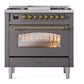 ILVE Nostalgie II 36-Inch Dual Fuel Range with 6 Sealed Burners + Griddle, 3.5 cu. ft. Oven, Graphite Matte with Brass Trim, Natural Gas, Triple Glass Door, UP36FNMPMGG