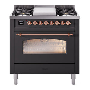 ILVE Nostalgie II 36-Inch Dual Fuel Range with 6 Sealed Burners + Griddle, 3.5 cu. ft. Oven, Graphite Matte with Copper Trim, Liquid Propane, Triple Glass Door, UP36FNMPMGPLP