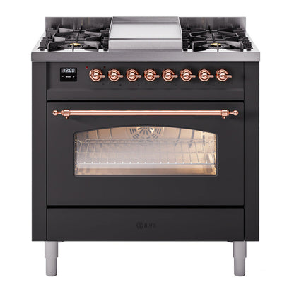 ILVE Nostalgie II 36-Inch Dual Fuel Range with 6 Sealed Burners + Griddle, 3.5 cu. ft. Oven, Graphite Matte with Copper Trim, Liquid Propane, Triple Glass Door, UP36FNMPMGPLP
