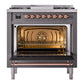 ILVE Nostalgie II 36-Inch Dual Fuel Range with 6 Sealed Burners + Griddle, 3.5 cu. ft. Oven, Graphite Matte with Copper Trim, Natural Gas, Triple Glass Door, UP36FNMPMGP