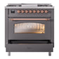 ILVE Nostalgie II 36-Inch Dual Fuel Range with 6 Sealed Burners + Griddle, 3.5 cu. ft. Oven, Graphite Matte with Copper Trim, Natural Gas, Triple Glass Door, UP36FNMPMGP