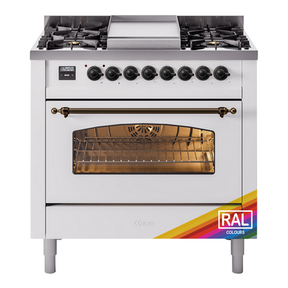 ILVE Nostalgie II 36-Inch Dual Fuel Range with 6 Sealed Burners + Griddle, 3.5 cu. ft. Oven, RAL with Burnished Trim, Liquid Propane, Triple Glass Door, UP36FNMPRABLP