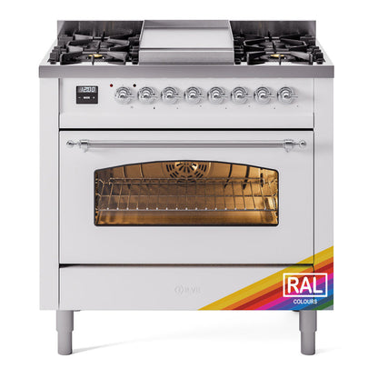 ILVE Nostalgie II 36-Inch Dual Fuel Range with 6 Sealed Burners + Griddle, 3.5 cu. ft. Oven, RAL with Chrome Trim, Liquid Propane, Triple Glass Door, UP36FNMPRACLP