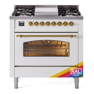 ILVE Nostalgie II 36-Inch Dual Fuel Range with 6 Sealed Burners + Griddle, 3.5 cu. ft. Oven, RAL with Brass Trim, Natural Gas, Triple Glass Door, UP36FNMPRAG