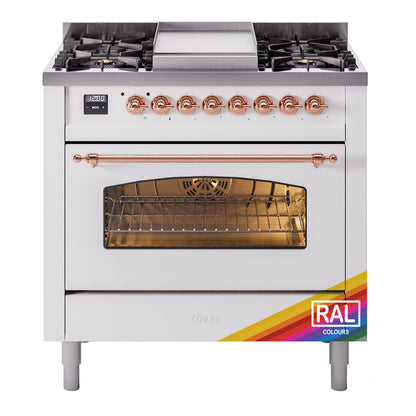 ILVE Nostalgie II 36-Inch Dual Fuel Range with 6 Sealed Burners + Griddle, 3.5 cu. ft. Oven, RAL with Copper Trim, Natural Gas, Triple Glass Door, UP36FNMPRAP