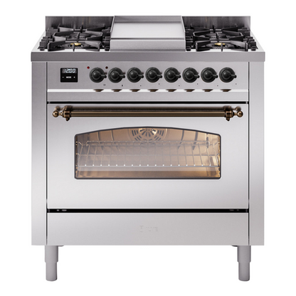 ILVE Nostalgie II 36-Inch Dual Fuel Range with 6 Sealed Burners + Griddle, 3.5 cu. ft. Oven, Stainless Steel with Burnished Trim, Liquid Propane, Triple Glass Door, UP36FNMPSSBLP
