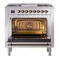 ILVE Nostalgie II 36-Inch Dual Fuel Range with 6 Sealed Burners + Griddle, 3.5 cu. ft. Oven, Stainless Steel with Burnished Trim, Liquid Propane, Triple Glass Door, UP36FNMPSSBLP
