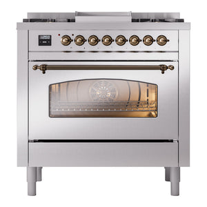 ILVE Nostalgie II 36-Inch Dual Fuel Range with 6 Sealed Burners + Griddle, 3.5 cu. ft. Oven, Stainless Steel with Burnished Trim, Natural Gas, Triple Glass Door, UP36FNMPSSB