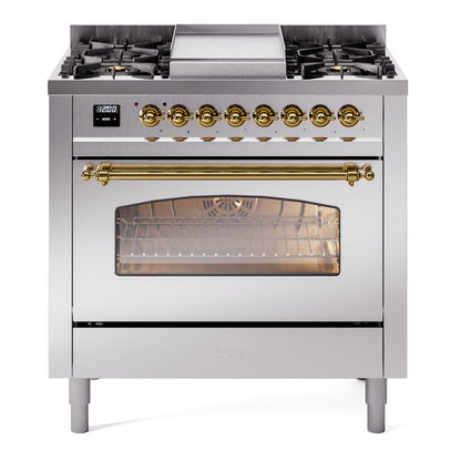 ILVE Nostalgie II 36-Inch Dual Fuel Range with 6 Sealed Burners + Griddle, 3.5 cu. ft. Oven, Stainless Steel with Brass Trim, Liquid Propane, Triple Glass Door, UP36FNMPSSGLP