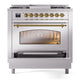 ILVE Nostalgie II 36-Inch Dual Fuel Range with 6 Sealed Burners + Griddle, 3.5 cu. ft. Oven, Stainless Steel with Brass Trim, Liquid Propane, Triple Glass Door, UP36FNMPSSGLP