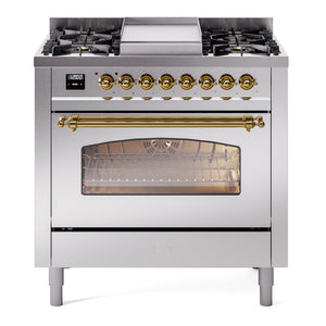 ILVE Nostalgie II 36-Inch Dual Fuel Range with 6 Sealed Burners + Griddle, 3.5 cu. ft. Oven, Stainless Steel with Brass Trim, Natural Gas, Triple Glass Door, UP36FNMPSSG
