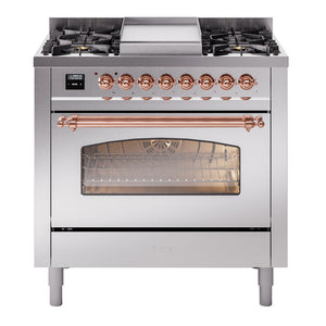 ILVE Nostalgie II 36-Inch Dual Fuel Range with 6 Sealed Burners + Griddle, 3.5 cu. ft. Oven, Stainless Steel with Copper Trim, Natural Gas, Triple Glass Door, UP36FNMPSSP