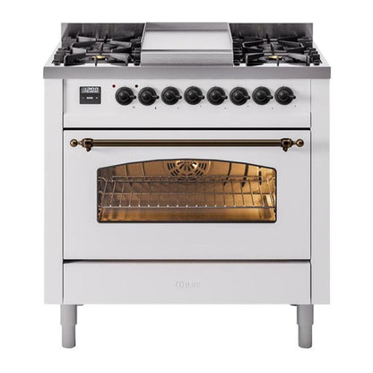 ILVE Nostalgie II 36-Inch Dual Fuel Range with 6 Sealed Burners + Griddle, 3.5 cu. ft. Oven, White with Burnished Trim, Liquid Propane, Triple Glass Door, UP36FNMPWHBLP