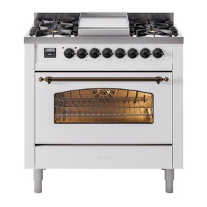 ILVE Nostalgie II 36-Inch Dual Fuel Range with 6 Sealed Burners + Griddle, 3.5 cu. ft. Oven, White with Burnished Trim, Natural Gas, Triple Glass Door, UP36FNMPWHB
