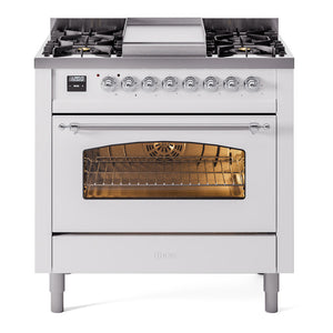 ILVE Nostalgie II 36-Inch Dual Fuel Range with 6 Sealed Burners + Griddle, 3.5 cu. ft. Oven, White with Chrome Trim, Natural Gas, Triple Glass Door, UP36FNMPWHC