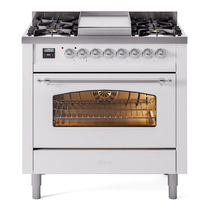 ILVE Nostalgie II 36-Inch Dual Fuel Range with 6 Sealed Burners + Griddle, 3.5 cu. ft. Oven, White with Chrome Trim, Natural Gas, Triple Glass Door, UP36FNMPWHC