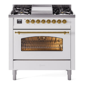 ILVE Nostalgie II 36-Inch Dual Fuel Range with 6 Sealed Burners + Griddle, 3.5 cu. ft. Oven, White with Brass Trim, Natural Gas, Triple Glass Door, UP36FNMPWHG