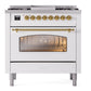ILVE Nostalgie II 36-Inch Dual Fuel Range with 6 Sealed Burners + Griddle, 3.5 cu. ft. Oven, White with Brass Trim, Natural Gas, Triple Glass Door, UP36FNMPWHG