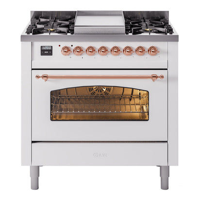 ILVE Nostalgie II 36-Inch Dual Fuel Range with 6 Sealed Burners + Griddle, 3.5 cu. ft. Oven, White with Copper Trim, Liquid Propane, Triple Glass Door, UP36FNMPWHPLP