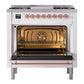 ILVE Nostalgie II 36-Inch Dual Fuel Range with 6 Sealed Burners + Griddle, 3.5 cu. ft. Oven, White with Copper Trim, Liquid Propane, Triple Glass Door, UP36FNMPWHPLP