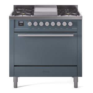 ILVE Professional Plus II 36-Inch Dual Fuel Range with 6 Sealed Burners + Griddle, 3.5 cu. ft. Oven, Blue Grey, Natural Gas, Solid Door, UP36FQMPBG