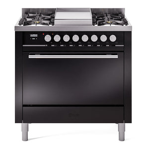 ILVE Professional Plus II 36-Inch Dual Fuel Range with 6 Sealed Burners + Griddle, 3.5 cu. ft. Oven, Glossy Black, Liquid Propane, Solid Door, UP36FQMPBKLP
