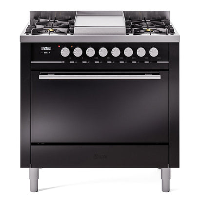 ILVE Professional Plus II 36-Inch Dual Fuel Range with 6 Sealed Burners + Griddle, 3.5 cu. ft. Oven, Glossy Black, Liquid Propane, Solid Door, UP36FQMPBKLP
