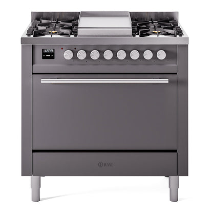 ILVE Professional Plus II 36-Inch Dual Fuel Range with 6 Sealed Burners + Griddle, 3.5 cu. ft. Oven, Graphite Matte, Natural Gas, Solid Door, UP36FQMPMG