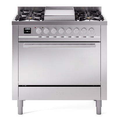 ILVE Professional Plus II 36-Inch Dual Fuel Range with 6 Sealed Burners + Griddle, 3.5 cu. ft. Oven, Stainless Steel, Natural Gas, Solid Door, UP36FQMPSS