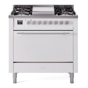 ILVE Professional Plus II 36-Inch Dual Fuel Range with 6 Sealed Burners + Griddle, 3.5 cu. ft. Oven, White, Liquid Propane, Solid Door, UP36FQMPWHLP