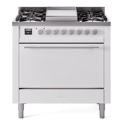 ILVE Professional Plus II 36-Inch Dual Fuel Range with 6 Sealed Burners + Griddle, 3.5 cu. ft. Oven, White, Natural Gas, Solid Door, UP36FQMPWH