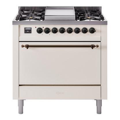 ILVE Nostalgie II 36-Inch Dual Fuel Range with 6 Sealed Burners + Griddle, 3.5 cu. ft. Oven, Antique White with Burnished Trim, Liquid Propane, Solid Door, UP36FQNMPAWBLP