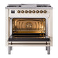 ILVE Nostalgie II 36-Inch Dual Fuel Range with 6 Sealed Burners + Griddle, 3.5 cu. ft. Oven, Antique White with Burnished Trim, Liquid Propane, Solid Door, UP36FQNMPAWBLP